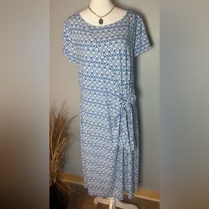 Talbots Outlet XL Blue White Geometric Faux Wrap Dress Short Sleeve Jersey